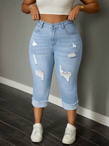 SHEIN SXY Plus Size Raw Hem Cuffed Capri Casual Jeans - Light Wash - View 5