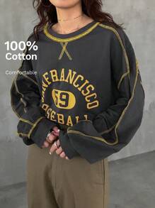 FRIFUL 1件女士宽松撞色字母印花长袖T恤 - 灰色 - 查看 2