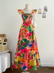 Soleia Women's Tropical Plant Print Ruffled Sleeve Dress Beach Vacation Outfits Spring Summer Outfits For Women West Music Festival Bohemia Holiday Boho