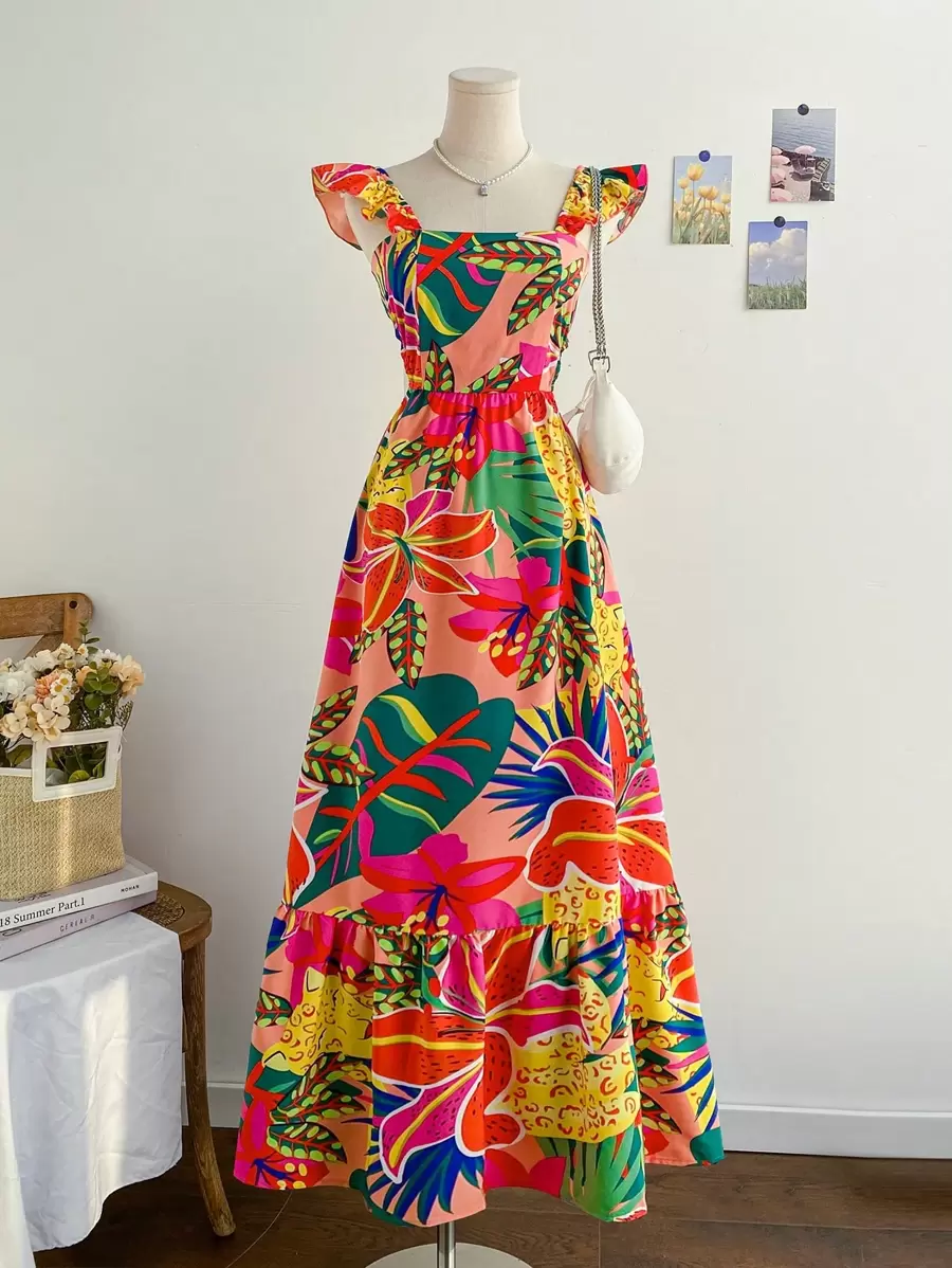 Soleia Women's Tropical Plant Print Ruffled Sleeve Dress Beach Vacation Outfits Spring Summer Outfits For Women West Music Festival Bohemia Holiday Boho