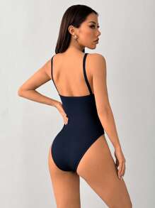 SHEIN PETITE Women's Ribbed Ribbed High Elastic Tight Suspender Bodysuit - Navy Blue - View 2