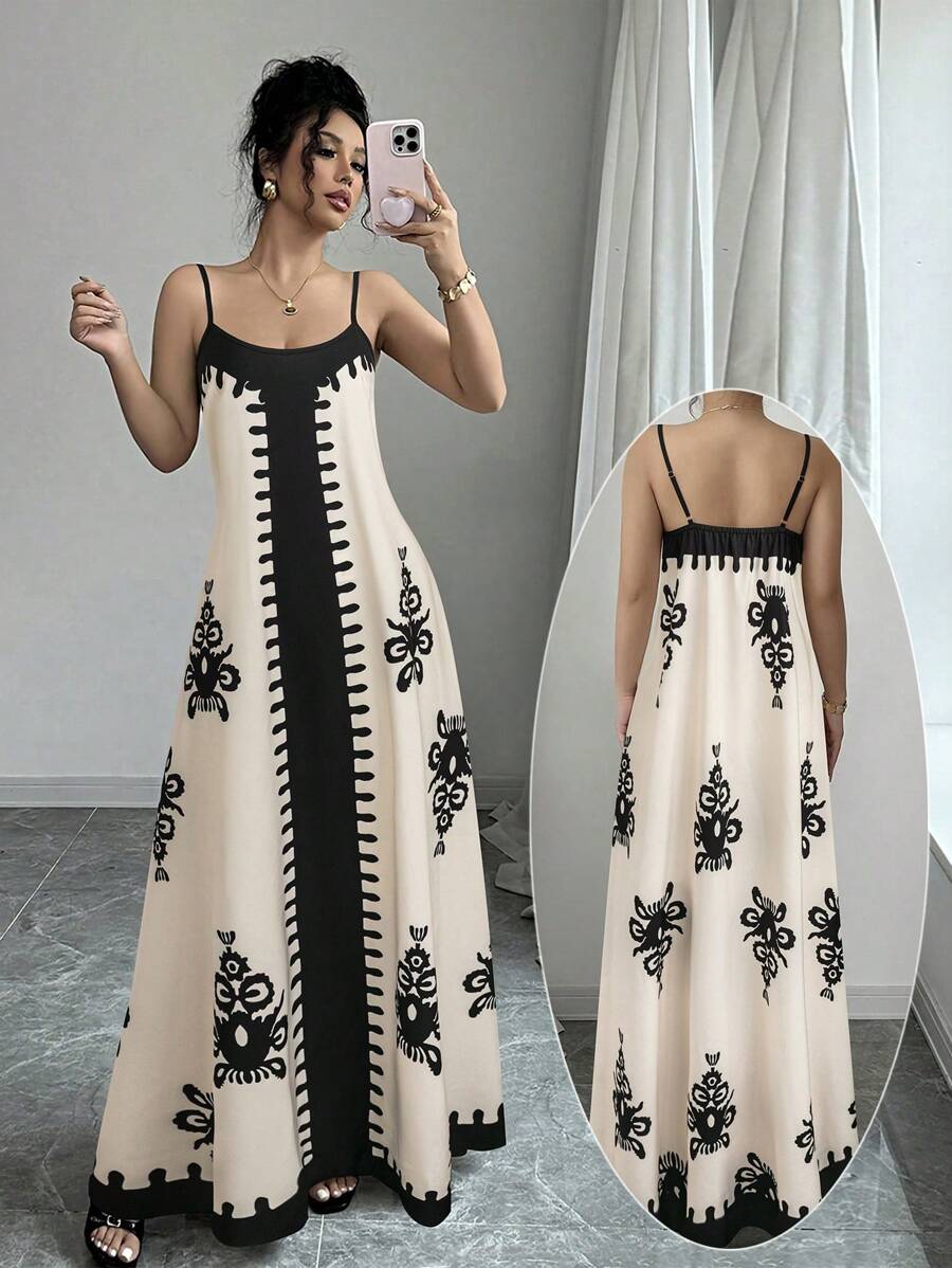 Breezaya Váy in hoa dây mảnh thời trang du lịch mới cho nữ - Màu be - Xem 1