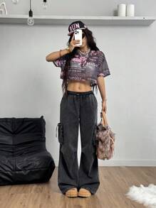 Coolane 女款 Y2K 约会之夜报纸图案透气网眼短款宽松 T 恤