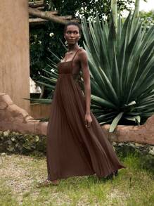 Maija 女士棕色休闲夏季连衣裙，现代波西米亚纯色沙滩装，简约无袖褶皱热带度假连衣裙，优雅女士度假连衣裙 - 棕色 - 查看 7