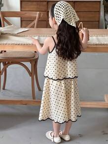 Dazy Kids 2pcs/Set Young Girl Polka Dot Sleeveless Top And Skirt Set, Summer Vacation - Apricot - View 2