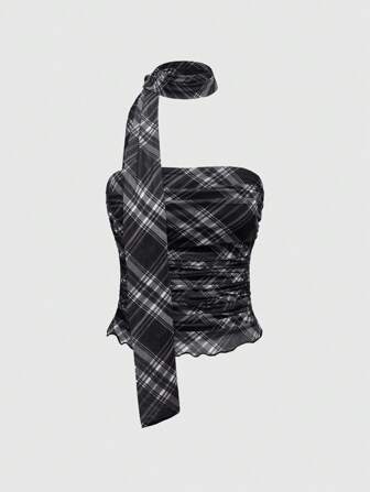 J-Fashion Top bandeau a cuadros de moda para mujer, para el verano