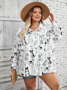 SHEIN CURVE+ Áo sơ mi cổ bẻ in họa tiết động vật dài tay cỡ lớn cho nữ - Đen và trắng - Xem 8