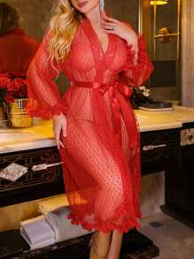Plus Size Floral Cuff Heart Mesh Sexy Bathrobe