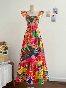 Soleia Women's Tropical Plant Print Ruffled Sleeve Dress Beach Vacation Outfits Spring Summer Outfits For Women West Music Festival Bohemia Holiday Boho