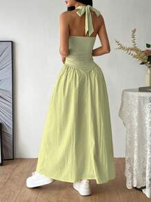 Vestido con cuello en V profundo francés, espalda descubierta, cintura con lazo y plisado, sexy - Verde Oliva - Ver 2