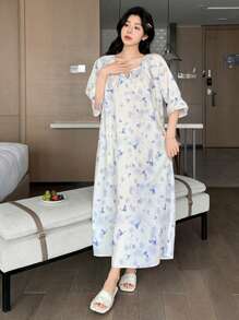 DAZY 扎染花卉印花荷叶边领抽绳装饰宽松睡袍睡衣 - 藍色 - 查看 5