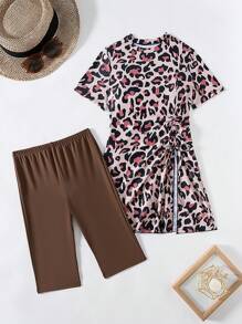 Swim Shayni Mulvani Print 2 Pieces Burkini Swimwear Set - Top With All-Over Print And Solid Color Cycling Shorts For Summer Beach Vacation