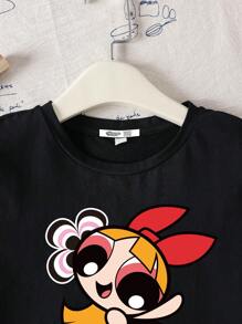THE POWERPUFF GIRLS X SHEIN Tween-Mädchen Lässiges, süßes T-Shirt mit Blüten-, Blasen- und Butterblumenmuster, kurzärmelig, Sommer