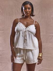 MUSERA Plus Size Ruffle Cup Thin Strap Shell Tie Floaty Cami Top For Cute Elegant, Holiday, Elegant, Holiday - White - View 1