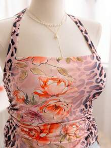 Soleia 大码女式豹纹花卉印花挂脖式露背吊带背心，春夏 - 彩色 - 查看 4