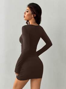 INAWLY Women Elegant Sexy Wave Collar Ruched Long Sleeve Mini Dress, Autumn/Winter Fall Cloth For Women - Brown - View 2