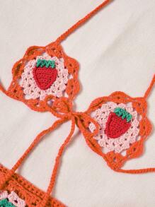 SHEIN Swim Women's Vacation Beach Strawberry Hollow Out Knit Cover Up For Summer - Orange - View 3