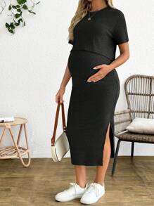 SHEIN 2 件套孕妇纯色圆领短袖上衣和开衩下摆裙子 - 黑色 - 查看 4