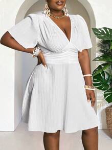 Slaydiva 2025 New Rave/Easter Outfit, Old Money Style, Country Concert Outfit, Going Out Outfit, Fairycore, Festival Outfit, Tropical Vacation Clothes, Summer Outfit For Women, Summer, Rave, European Summer, Spring Outfit, Western Wear Plus Size, Concert, Graduation Outfit, Versatile Daily Casual Simple Sexy/Minimalist Plus Size, White Casual Ruffle Sleeve V-Neck Mini Dress