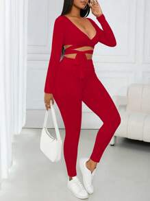 SHEIN VaVaLuxe 2 件套舒适休闲 V 领交叉蝴蝶结长袖上衣和褶皱腰带紧身裤，粉色 - 紅色 - 查看 6
