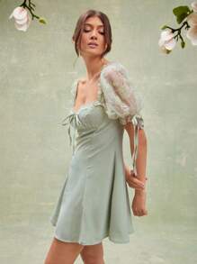 L'Amorae Vestido Floral Bordado Elegante de Mini Saia Evasê com Manga Bufante, Decote Princesa, em Tom Pastel de Sálvia, Vestido de Convidada de Casamento, Looks de Verão para Mulheres