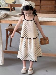 Dazy Kids 2pcs/Set Young Girl Polka Dot Sleeveless Top And Skirt Set, Summer Vacation - Apricot - View 3