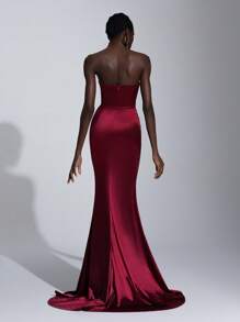 Elitara 优雅华丽的酒红色手工钻石链装饰露肩腰部镂空鱼尾带有拖尾下摆适合约会派对，单身派对，女士正式晚礼服，派对礼服，礼服，晚会，婚礼宾客 - 酒紅色 - 查看 3