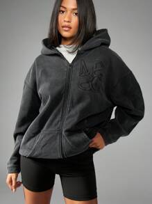 MISSGUIDED PLUS Plus Size Full Zip Hooded Sweatshirt Winter Fleece Athletic Workout Activewear Relaxed Fit Fall Essential With Pockets - Black - View 4