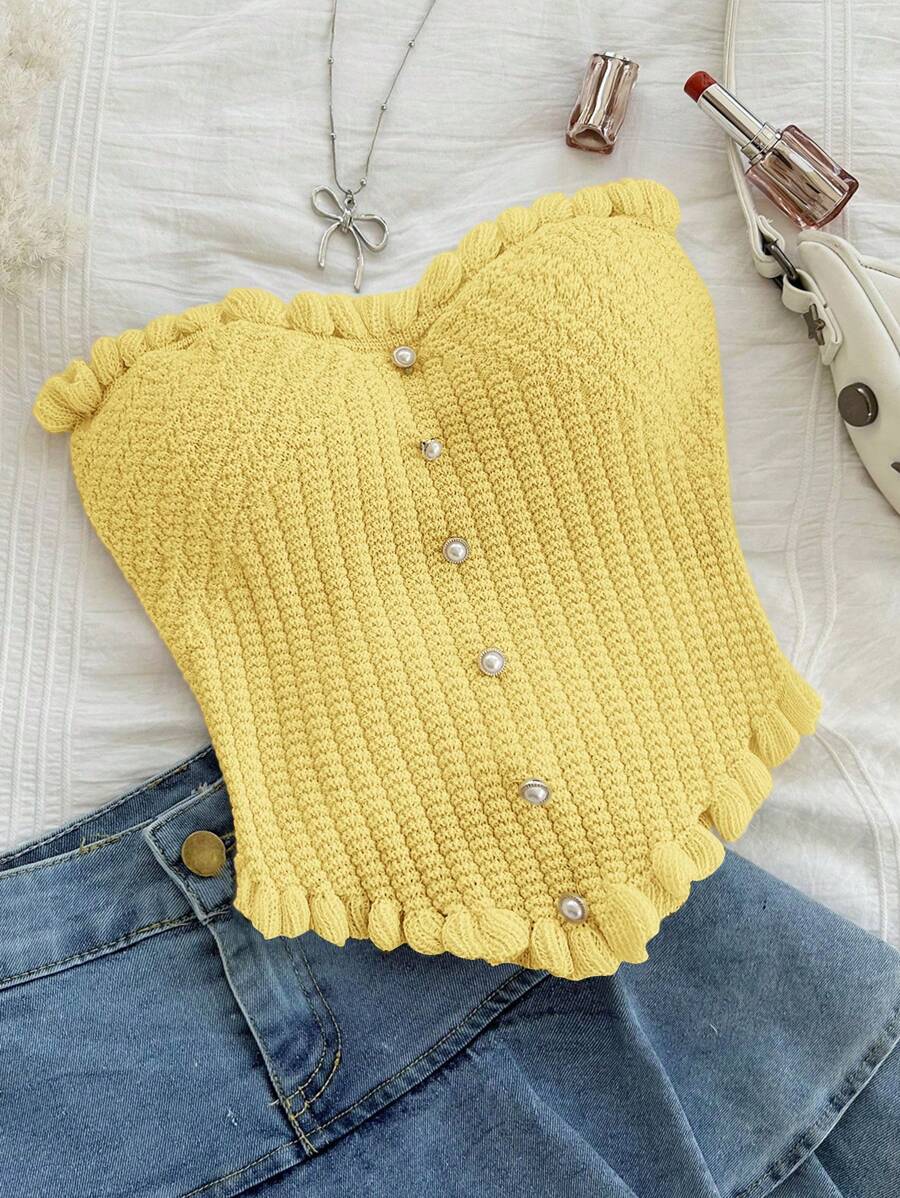 Soleia Plus Size Women's Spring White Knitted Tube Top With Pearl Buttons, Romantic Undershirt - Mustard Yellow - View 1