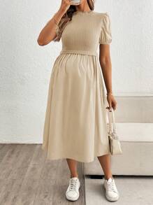 SHEIN Puff Sleeve Fitted Maternity Dress, Elegant Dress - Apricot - View 4