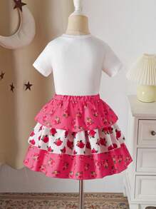 Young Girl Cartoon Print Short Sleeve Top & Tiered Ditsy Floral Skirt 2 Pieces Set - Multicolor - View 2