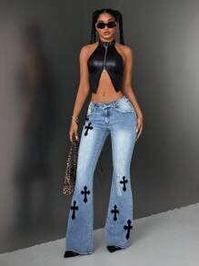 SHEIN ICON Women's Cross Pattern Fringed Flared Casual Jeans - Blue - View 5