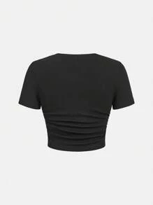 Tween Girl 2pcs Set: Ribbed Star Print Short Sleeve T-Shirt + Woven Cargo Pants With Belt And Pockets, Casual Fashion Street Style, Back To School, Sweet & Cool Girl, Y2K Vibe - Black - View 15