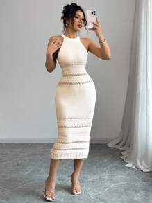 Gloray Women Elegant Vacation Semi-Sheer Halter Neck Fitted Mid-Calf Sweater Dress, Spring/Summer