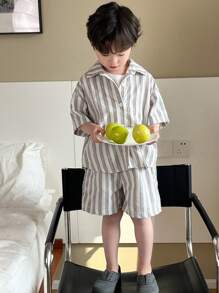 Dazy Kids 2 件套幼儿男童条纹短袖衬衫和短裤休闲装，夏季 - 白色 - 查看 6