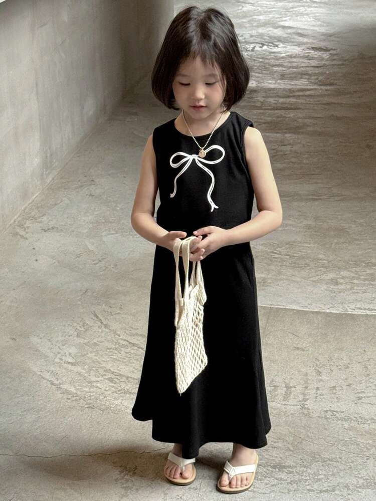 Girls Young Girl 2pcs Knitted Sleeveless Bow Printed Tank Top & Skirt Outfit, Fashion Set For Summer