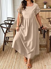 Breezaya Váy chữ A tay ngắn viền bèo nhún màu trơn cỡ lớn - Màu Khaki - Xem 3