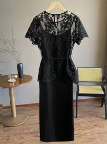 Franclia 女款優雅刺繡蕾絲上衣與純色細肩帶洋裝套裝 - 黑色 - 查看 3