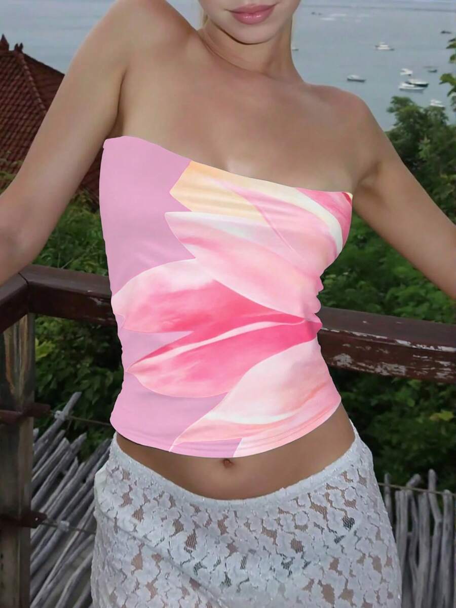 SHEIN EZwear 女士花卉印花粉色抹胸，适合海滩度假、分层或单独穿着，夏季上衣 - 粉色 - 查看 1