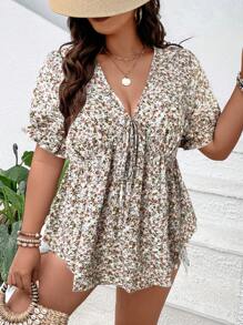 Calvaya Plus Ditsy Floral Print Knot Front Peplum Blouse Peplum Top - Multicolor - View 5