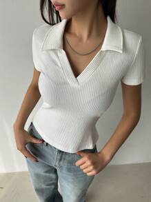 DAZY Dames effen kleur casual slim fit polo kraag korte mouw t-shirt wit top zomer