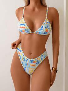 Swim Vcay Women's Spring/Summer Beach Random Print Cute Casual High Cut Pants Bikini Set - Multicolor - View 3
