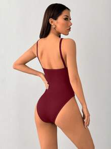 SHEIN PETITE Bộ đồ liền thân bó sát có dây đeo co giãn cao dành cho nữ - Màu Đỏ Sâu - Xem 2