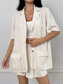 SHEIN EZwear 2 件套：浅卡其色短袖西装外套和短裤 - 卡其色 - 查看 4