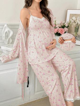 Moonlight & Mama 3pcs Maternity Ditsy Floral Lace Cami Top & Pants And Robe Sleepwear Set, Fall Winter Clothes