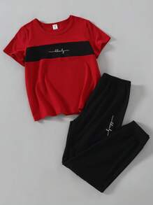 SHEIN 2pcs/Set Toddler Boys' Simple Letter Print Elastic Waist Pants, Short Sleeve Loose Crew Neck Striped Casual Home Wear, Spring/Summer New - Multicolor - View 4