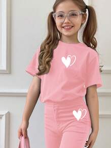 SHEIN Tween Girls' Casual Minimalist Short Sleeve Top And Long Pants 2 Pieces Set, Suitable For Summer - Pink - View 3