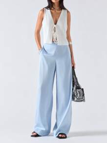 LYSMO 女士淡蓝色低腰休闲阔腿裤 - 藍色 - 查看 4