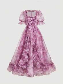 SHEIN MOD 花卉印花荷叶边蝴蝶结娃娃裙泡泡袖欧根纱连衣裙，粉色