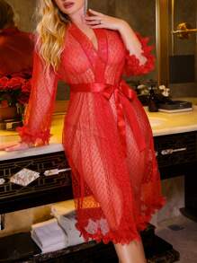 Plus Size Floral Cuff Heart Mesh Sexy Bathrobe